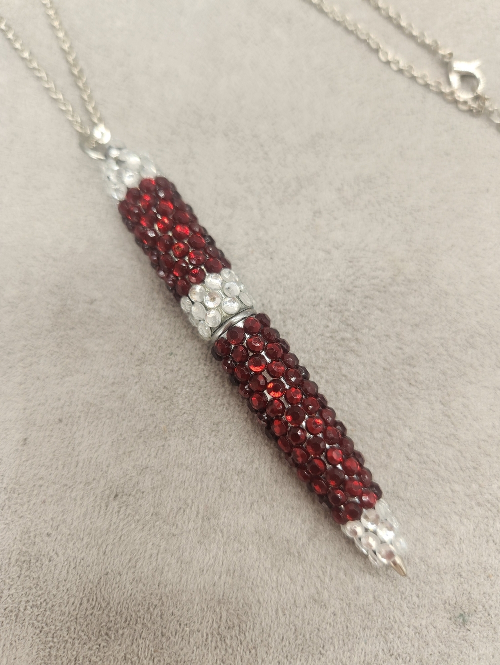 Statement Long Necklace Red Silver Rhinestones Embellished Pen